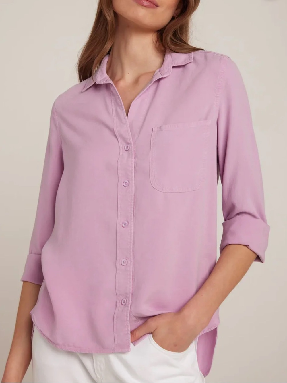 BELLA DAHL SHIRT TAIL BUTTON DOWN - ORCHID BLUSH q